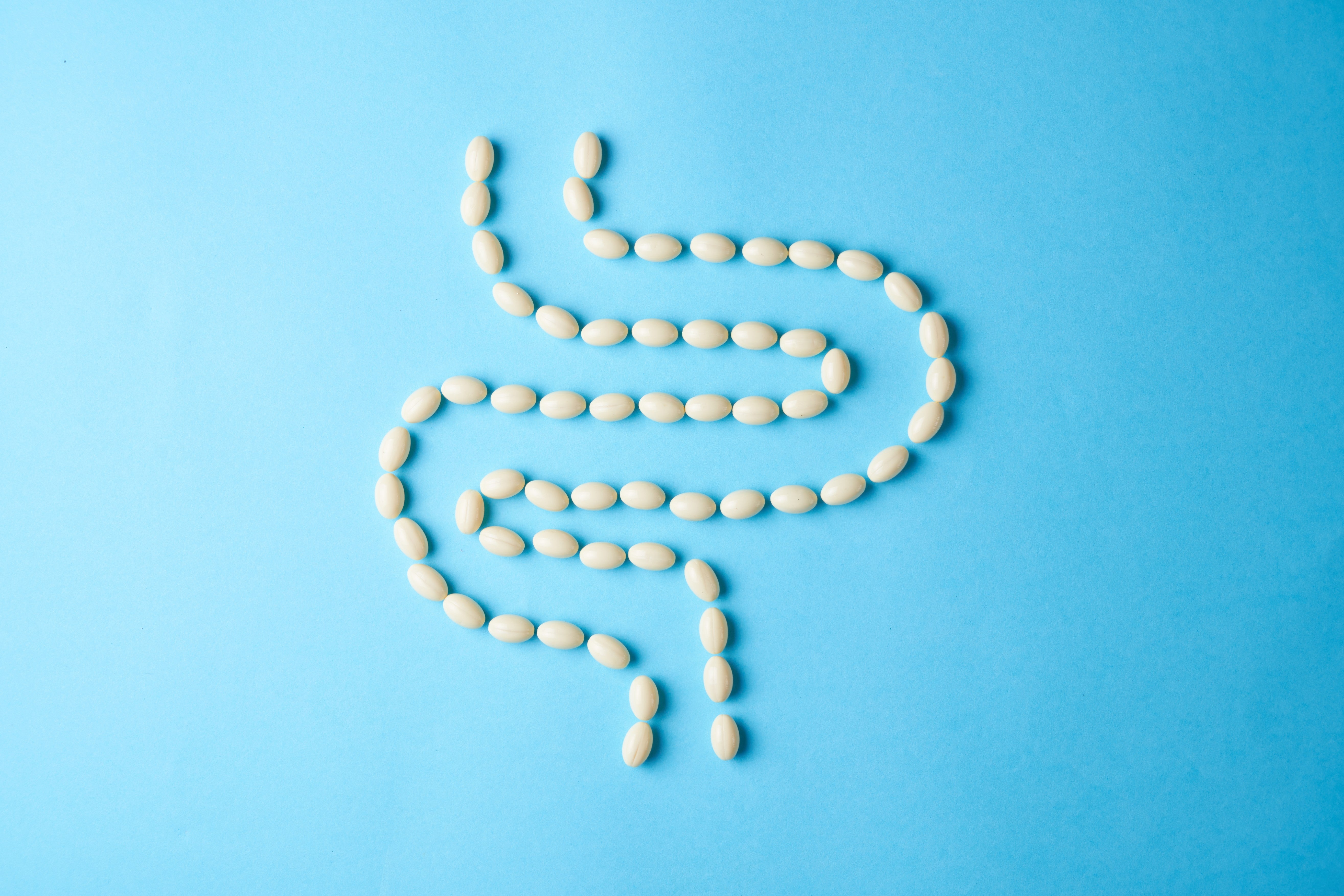 White pills arranged in the shape of a stomach, illustrating GLP-1 medications and the gut microbiome