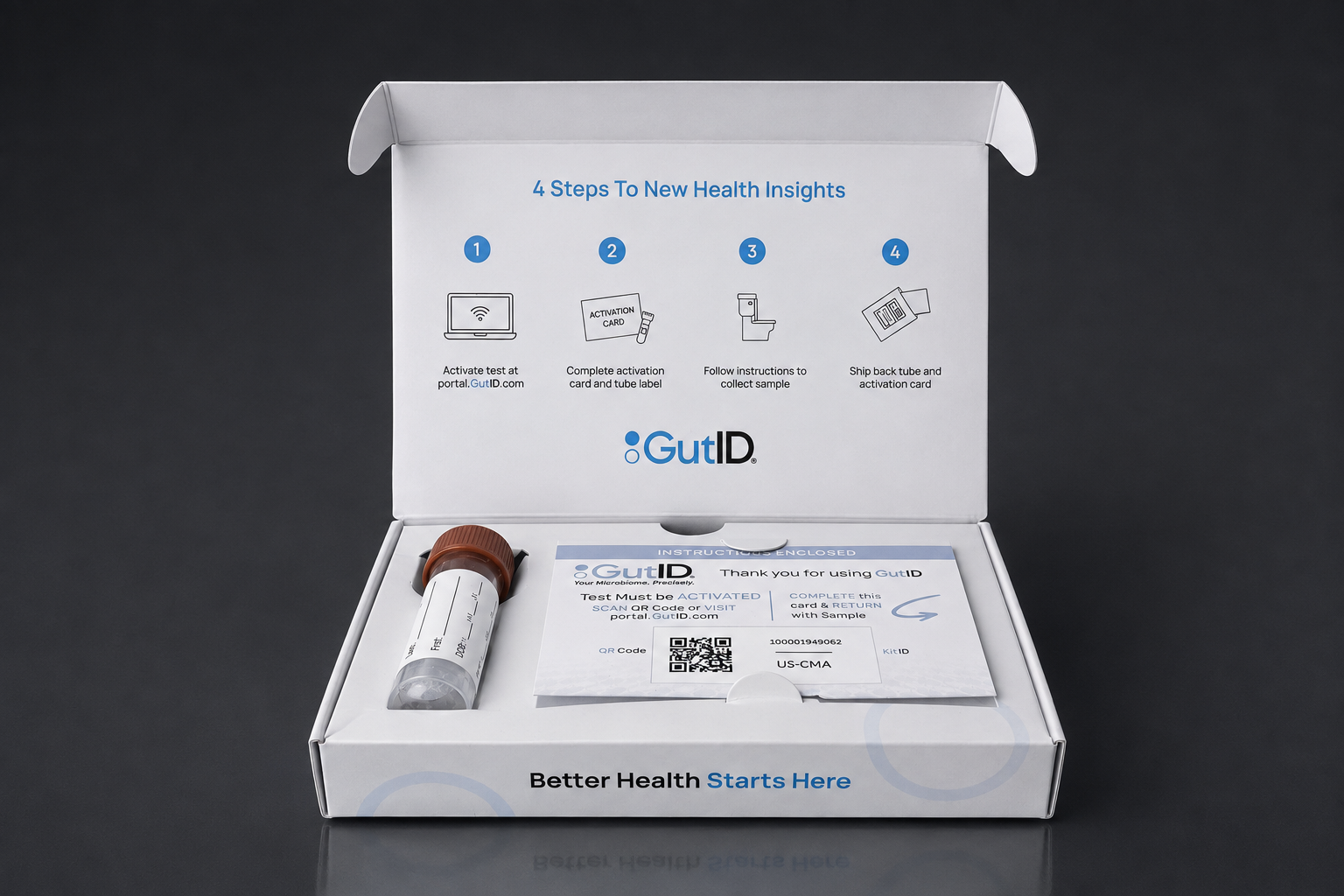 GutID Complete Microbiome Assessment kit, open box on a dark background showing the sample collection tube, the US-CMA activation card and the four steps to new health insights