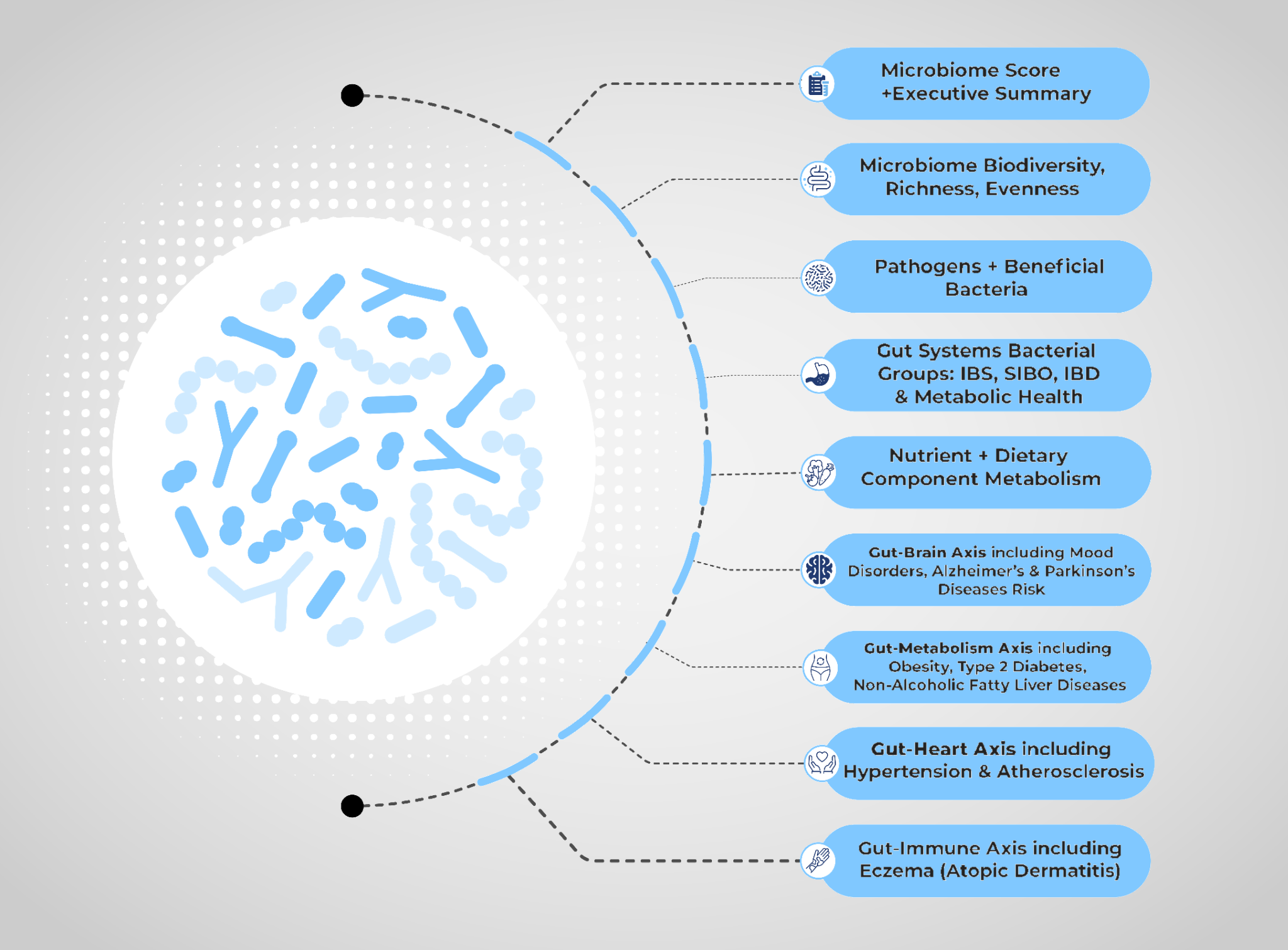 What the GutID Complete Microbiome Assessment covers — microbiome score, biodiversity, pathogens, gut systems bacterial groups, nutrient metabolism, and the gut-brain, gut-metabolism, gut-heart and gut-immune axes