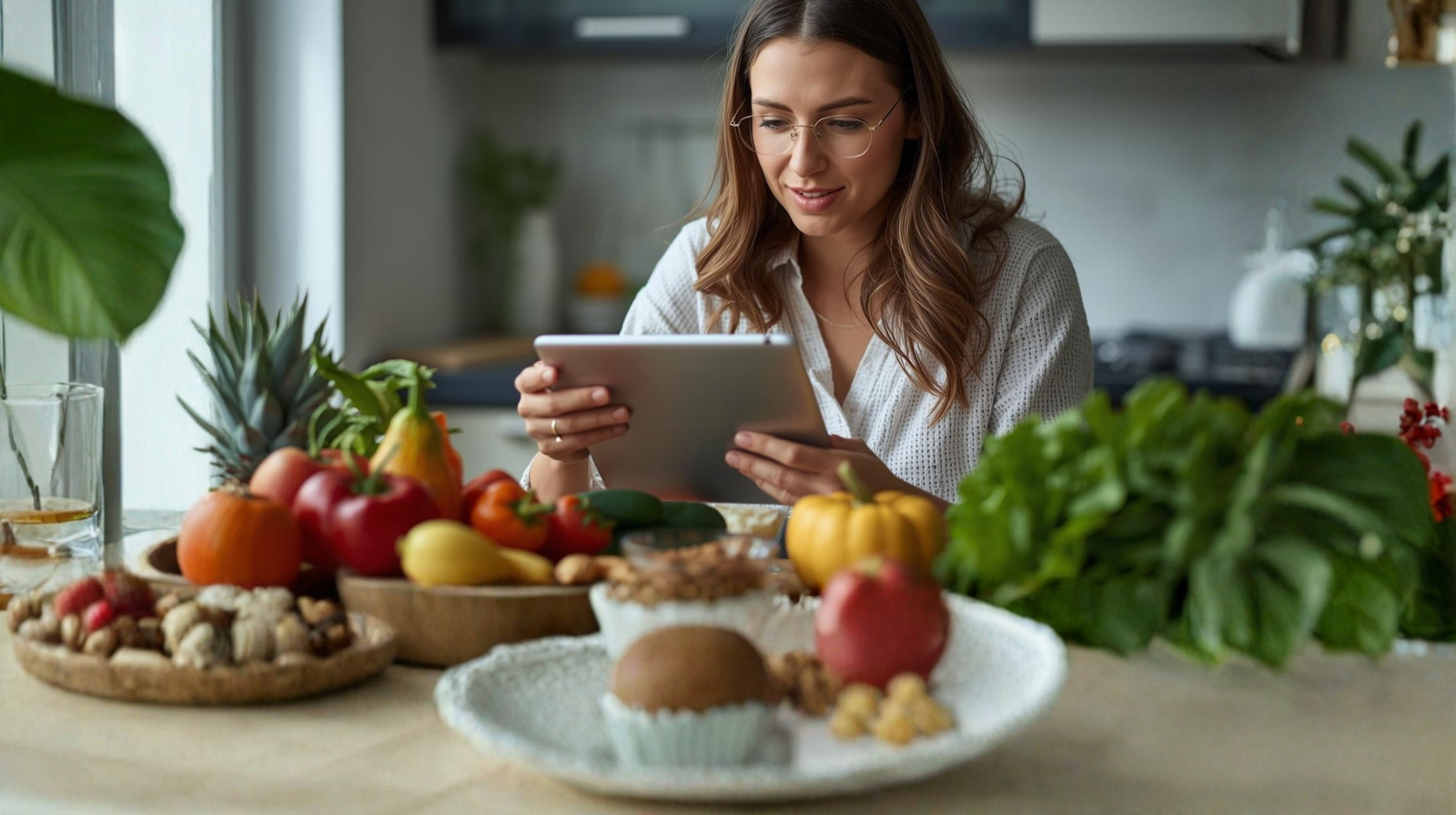 Woman reviewing gut health results on tablet with healthy foods nearby