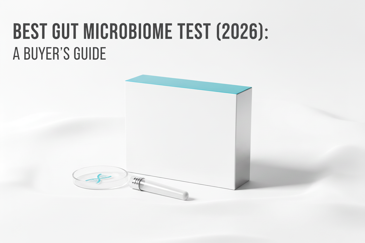 Best Gut Microbiome Test (2026): A Buyer's Guide — an unbranded at-home test kit box beside a sample tube and a magnifying glass