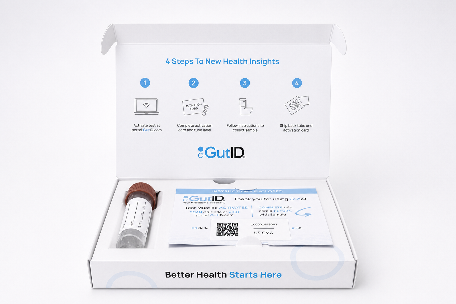 GutID at-home microbiome test kit, open box showing the sample collection tube, activation card and the four steps to new health insights