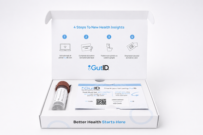 GutID at-home microbiome test kit, open box showing the sample collection tube, activation card and the four steps to new health insights