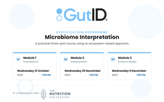GutID Certification Programme in Microbiome Interpretation: three-module schedule showing Module 1 Foundations, Module 2 Interpretation, and Module 3 Protocol design, in collaboration with The Nutrition Health Collective