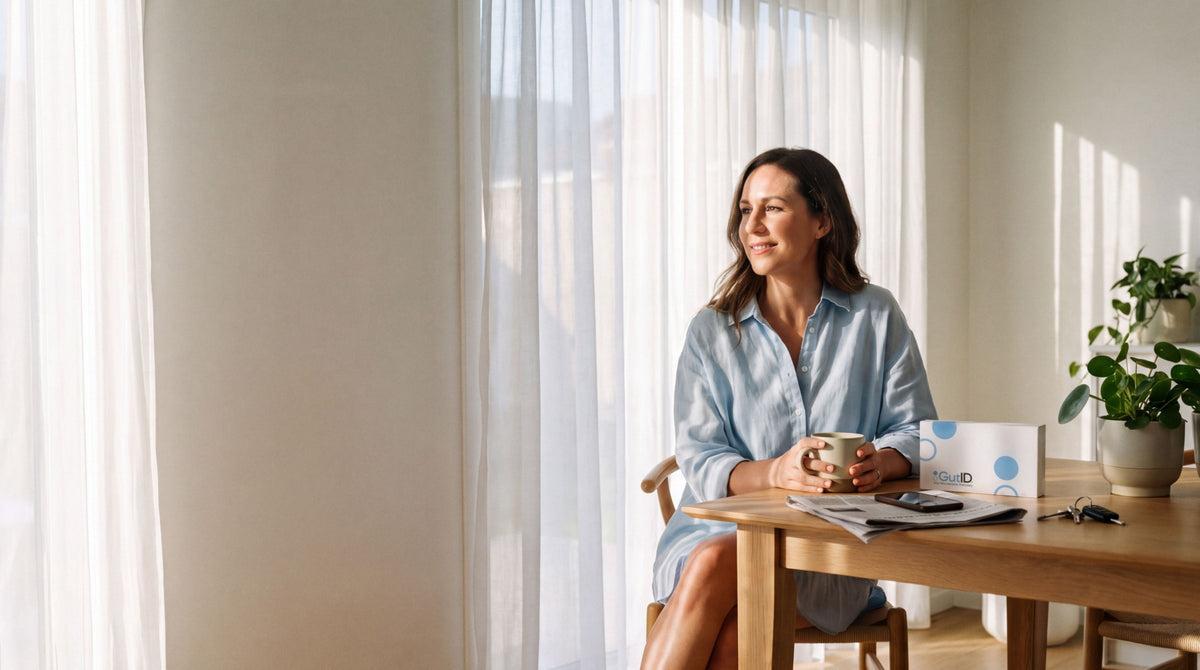 A woman with a mug of coffee at her kitchen table in morning sun, a GutID kit beside her