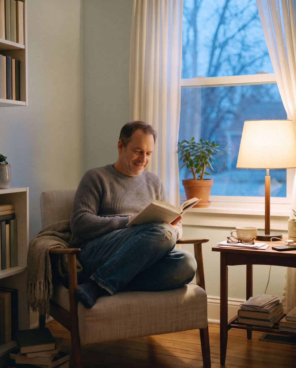 A man reading in an armchair by lamplight