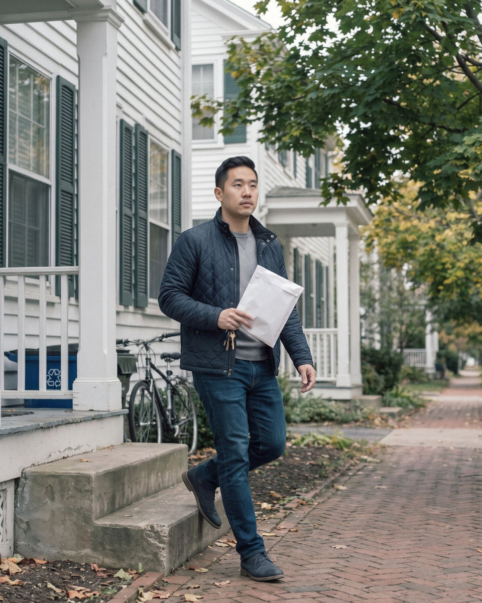 A man heading out with his sample in the prepaid return mailer