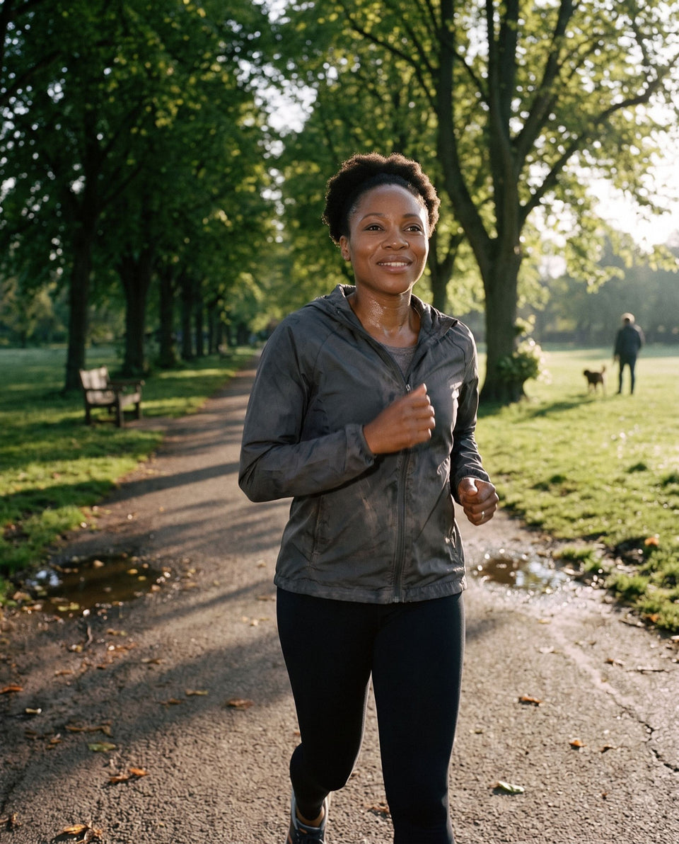 A woman on a morning run along a tree-lined park path