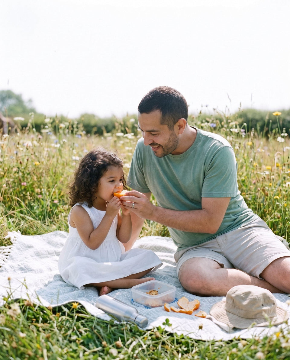 A father sharing an orange with his young daughter on a picnic blanket