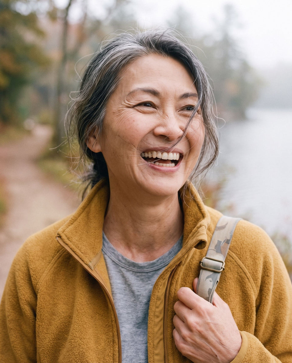 A woman laughing on a misty lakeside trail