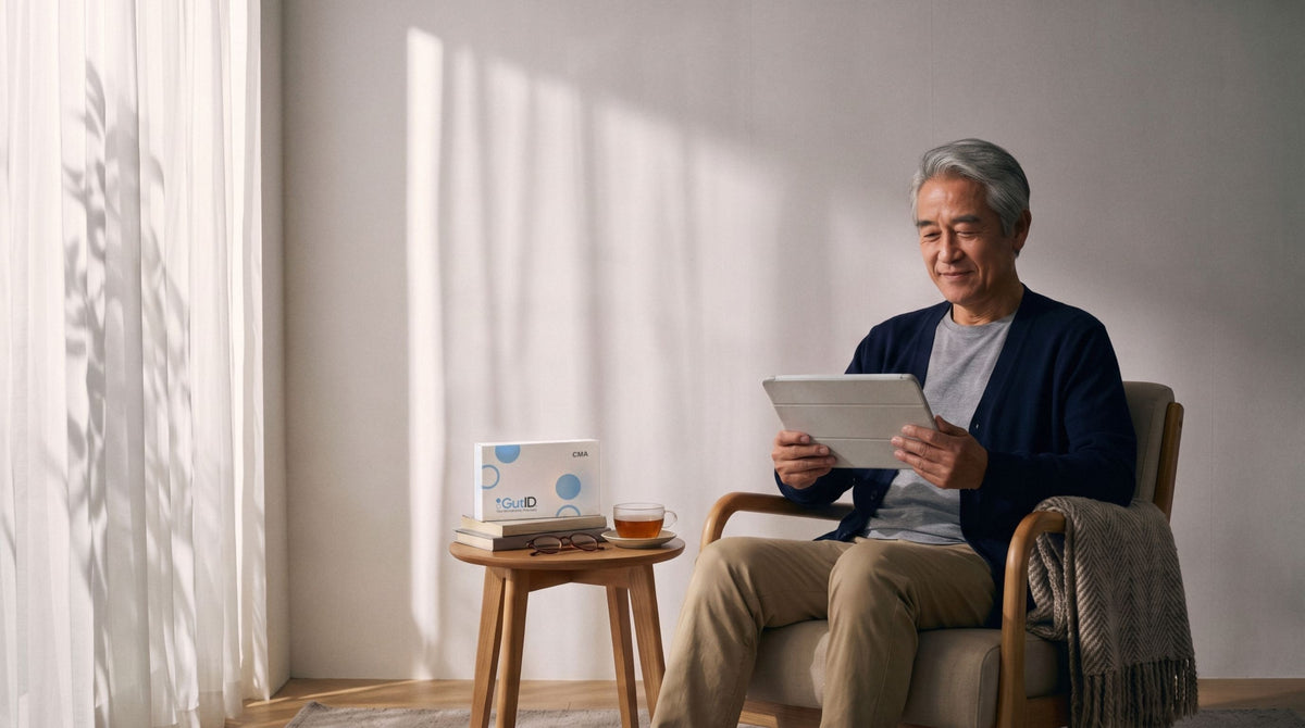 A man reading his GutID results on a tablet at home, a Complete Microbiome Assessment kit beside him