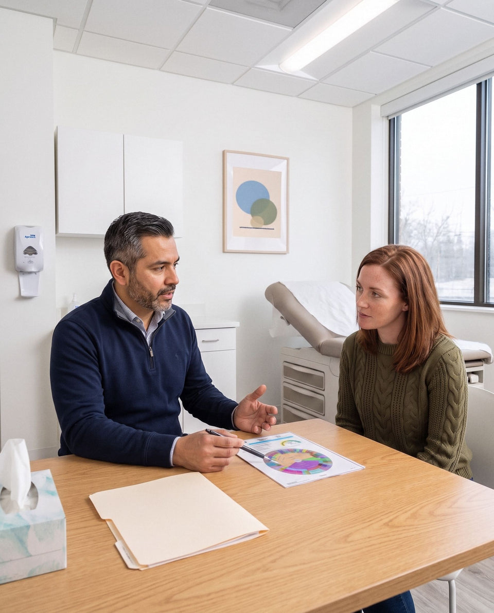 A practitioner talking a patient through her GutID report in a consult room
