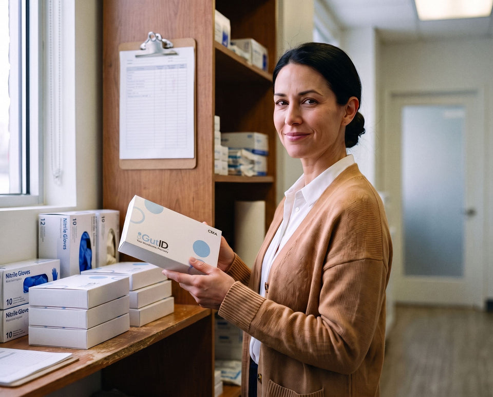 A practitioner taking a GutID kit from the stock shelf in her clinic