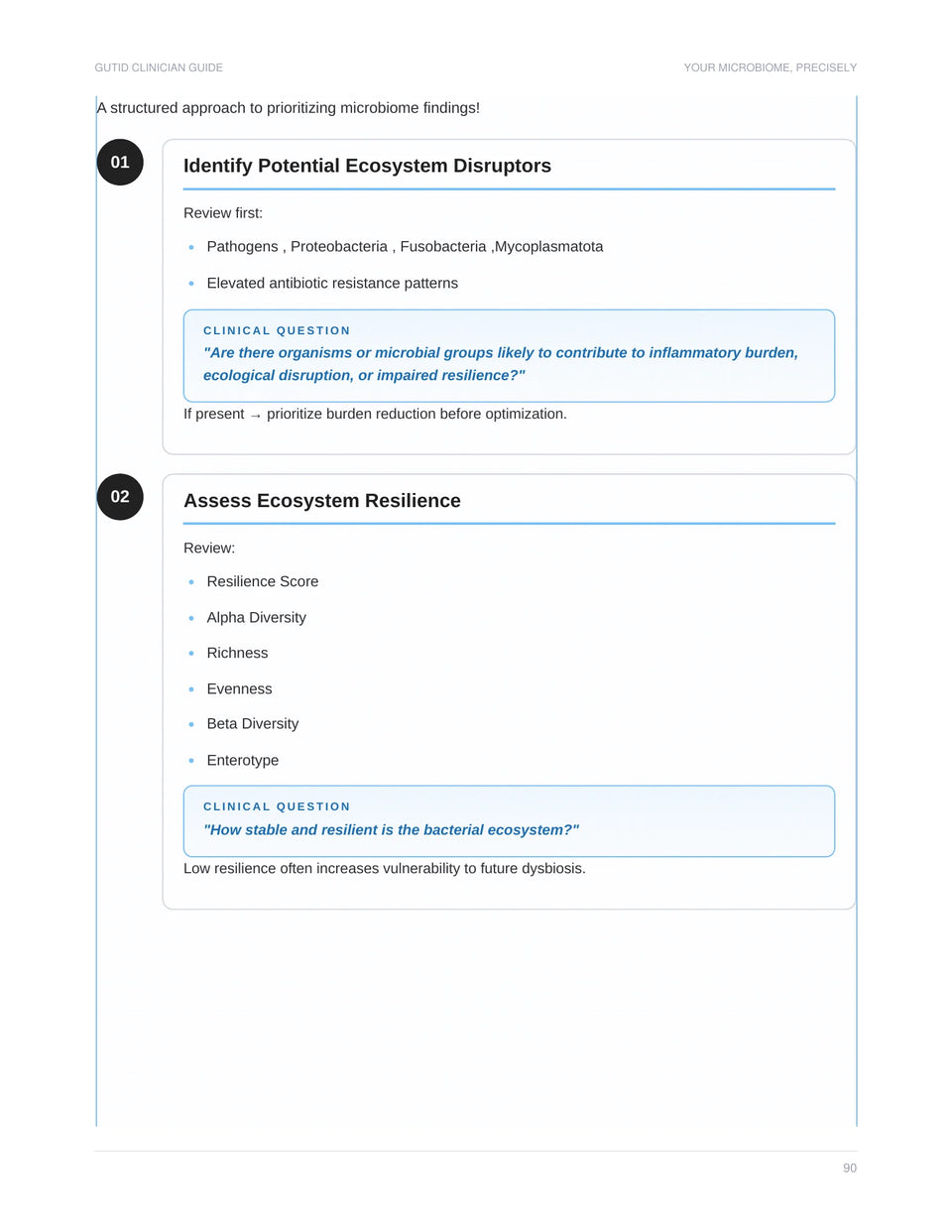 The next page of the Clinician Guide: step 01, identify potential ecosystem disruptors, and step 02, assess ecosystem resilience