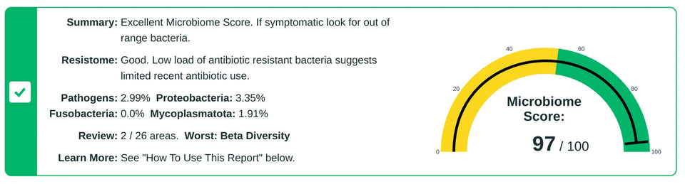 Summary and Microbiome Score, as printed in a GutID sample report