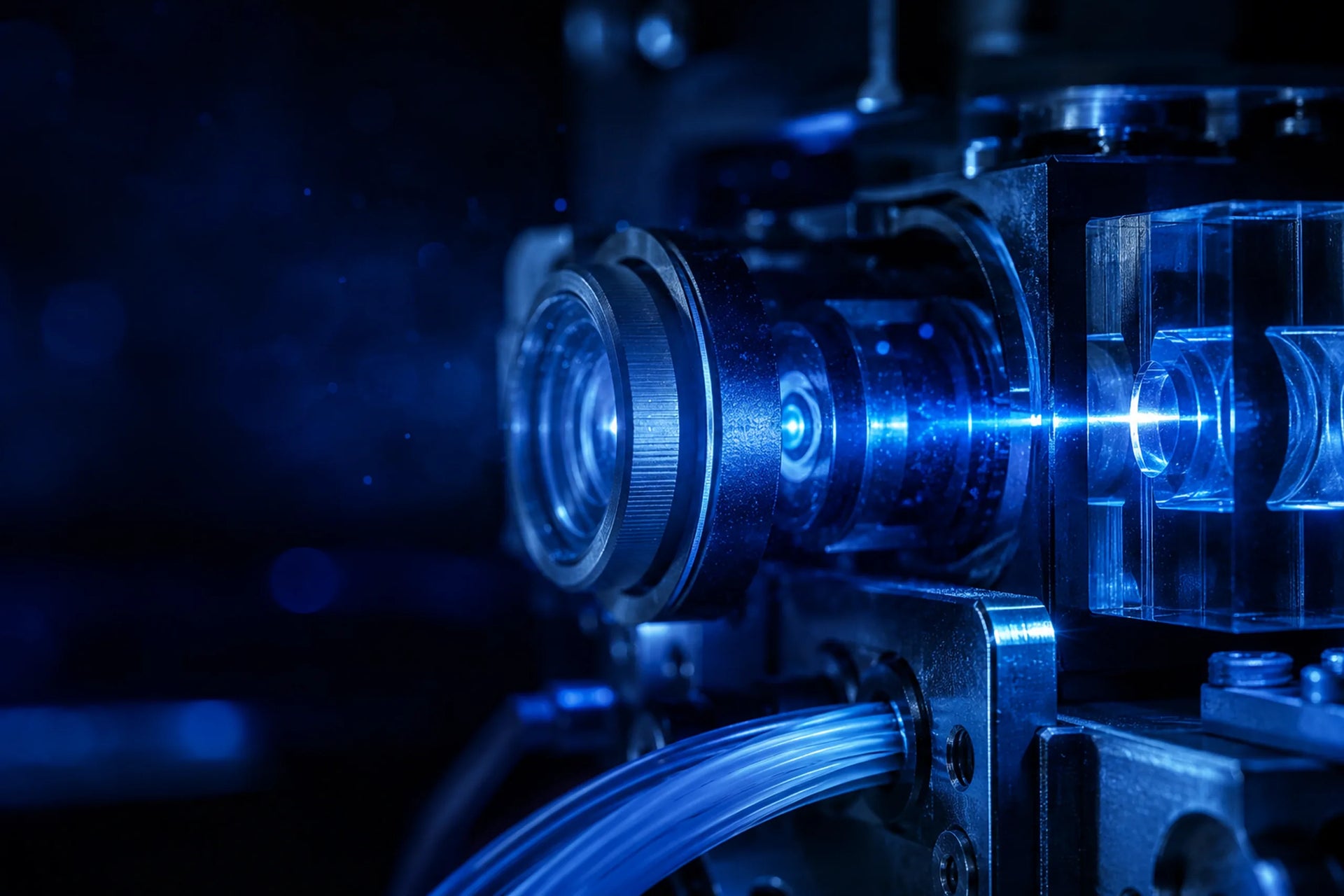 Extreme macro view inside a precision optical instrument: a machined lens barrel, a narrow blue beam of light and a glass block