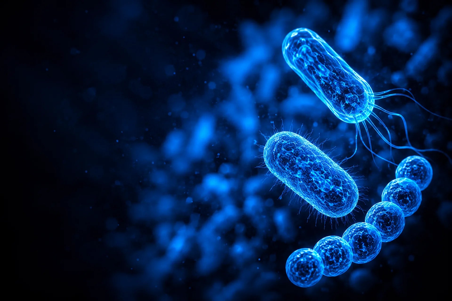 Abstract render of densely packed bacterial cells resolving into individually distinguishable organisms